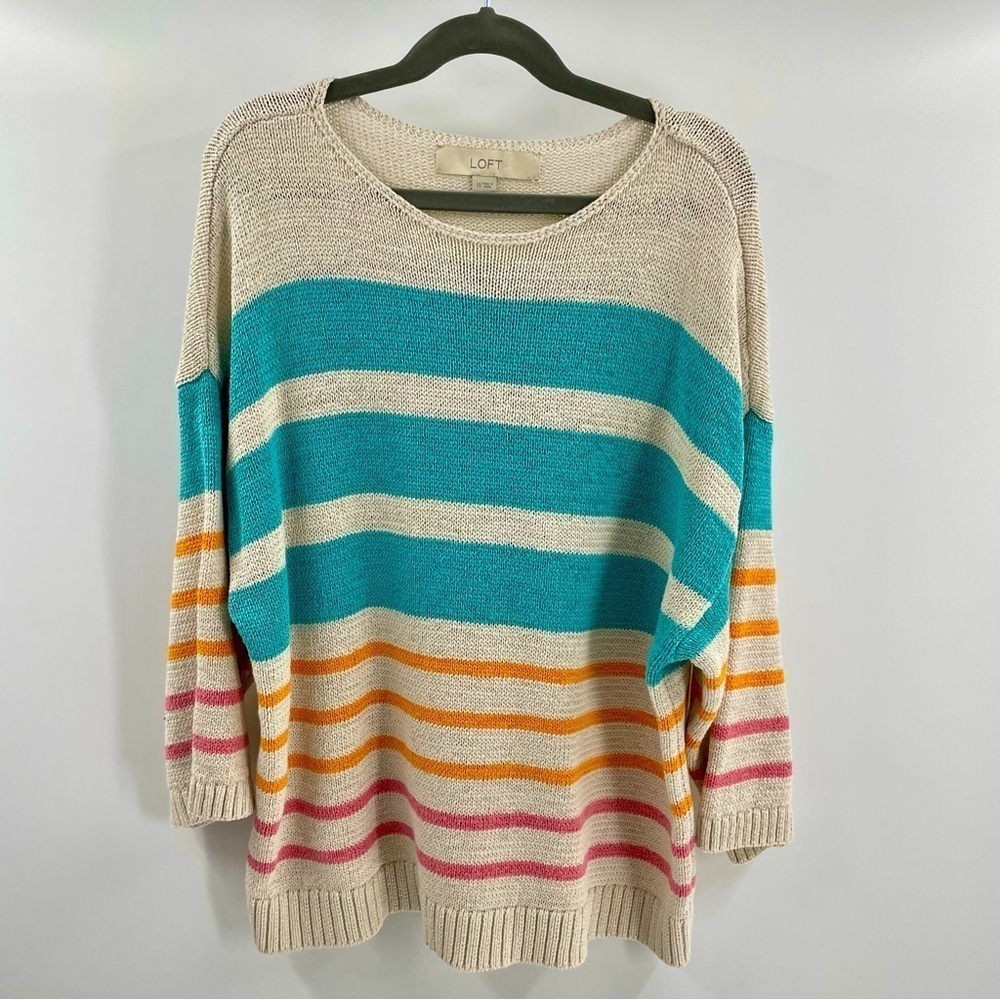 Loft Cotton Blend Oatmeal Blue Orange Pink 3/4 Sleeve Crew Neck Casual Sweater